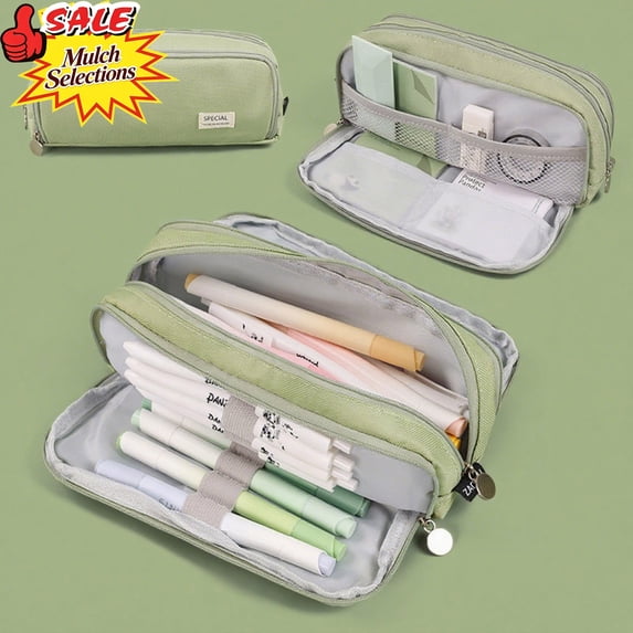 Qocolcyl Under 1$ Dollar Green Pencil Case, Large Capacity Multi-layer Oxford Cloth Pencil Box, Japanese Korean Style Stationery Organizer, Portable Pen Box for Classroom, Office & Travel