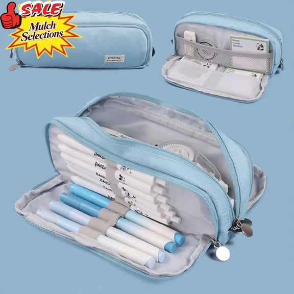 Qocolcyl Under 1$ Dollar Light Blue Pencil Case, Large Capacity Multi-layer Oxford Cloth Pencil Box, Japanese Korean Style Stationery Organizer, Portable Pen Box for Classroom, Office & Travel