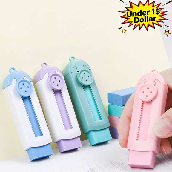 Qocolcyl Under 1$ Dollar Retractable Eraser, 4 Pack Cute Push-Pull Rubber Eraser with Plastic Cover, Soft Clean Pencil Eraser for Classroom Supplies, Office Home Use, Multicolor