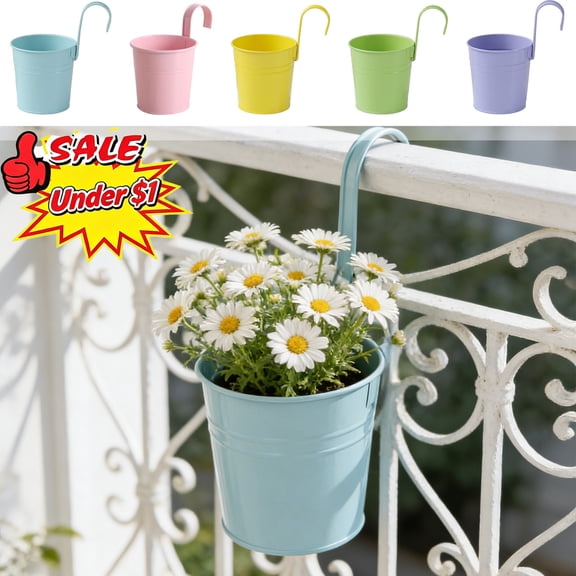 Qocolcyl Under $1 Hanging Metal Bucket Planter, Detachable Hook Iron Hanging Flower Pot with Drainage Hole, Multicolor Rail Fence Balcony Indoor Outdoor Garden Decor Plant Holder,Yellow