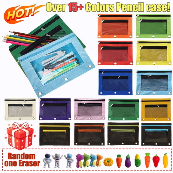 Qocolcyl Under $1 Pencil Case,Sturdy 3 Holes Pen Pouch for Binder with Double Layer,Oxford Cloth Large Capacity Zippered Pencil Bag Mesh Window for Office Travel Stationery Organization Green