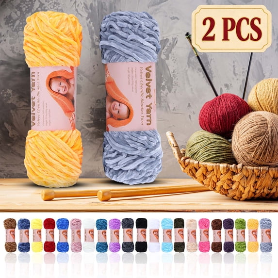 Qocolcyl Under $1 Velvet Chenille Blanket Yarn Crochet Kit,Soft Plush Knitting Yarn Set, 2‑Pack Yarn Balls with Sewing Needles&Stitch Markers,DIY Craft Supply for Hats, Scarves & Home Decor Projects