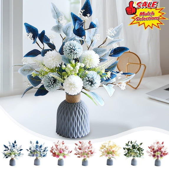 Qocolcyl Under $10 19.69in Artificial Hydrangea Flower Arrangement with Textured Vase, Multicolor Fake Silk Floral Bouquet for Wedding Party Dining Table Living Room Indoor Home Decor