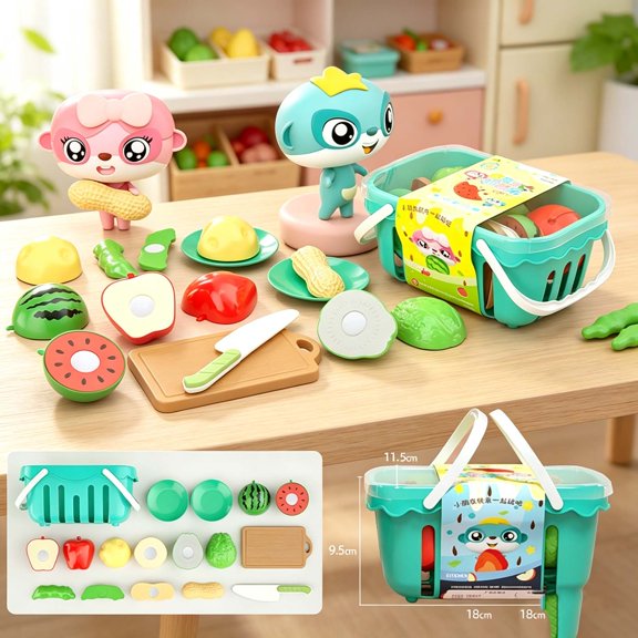Qocolcyl 11PCS Pretend Cutting Fruit Vegetable Play Set with Kitchen Cookware Cutting Board Utensils,Grocery Chef Cooking Role Play Educational Toy,Toddlers Kids Ages 3+ Pretend Game Birthday Gift
