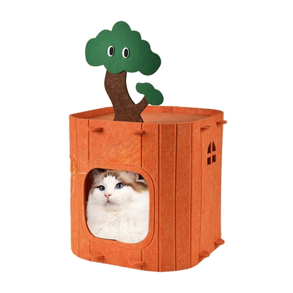 Qocolcyl 13in Foldable Felt Calming Cat Cave House Bed, 100% Polyester Enclosed Tree Cube Cat Condo Hideaway, Scratch Resistant Detachable Assemble Indoor Quiet Sleeping Nest for Kittens,Orange