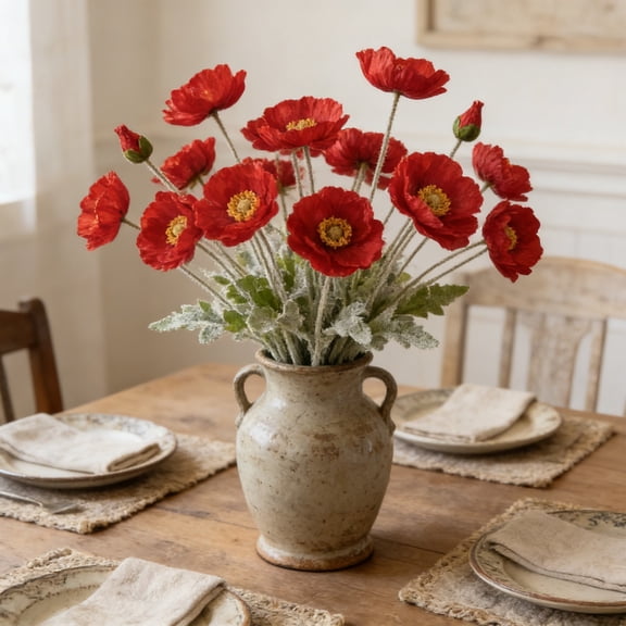 Qocolcyl 16 Heads Poppy Flowers Artificial 4PCS,Poppy Silk Flowers with Flocked Stems,Ranunculus Artificial Flowers,Faux Flower Stems for Wedding,Party,Outdoor Indoor Flower Arrangements Table Decor