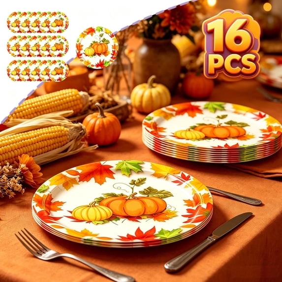 Qocolcyl 16 Pack Fall Pumpkin Maple Leaf Disposable Paper Plates, 7in Harvest Paper Tableware Set, Disposable Party Supplies for Thanksgiving Halloween Indoor Outdoor Halloween Decorations