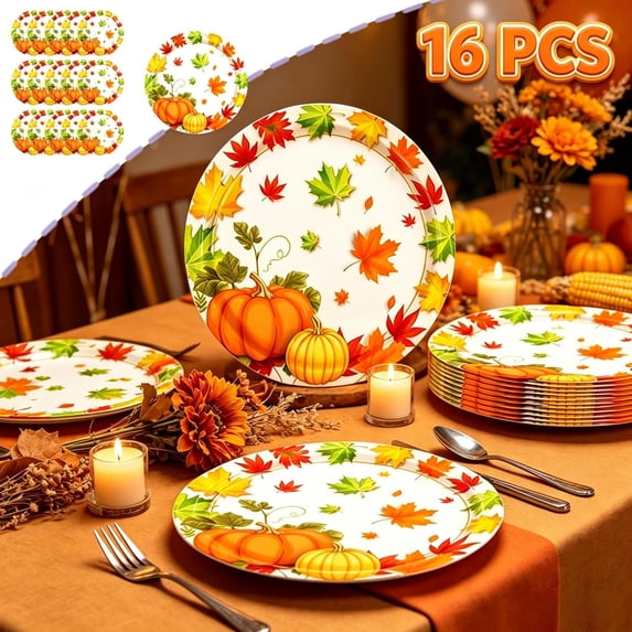 Qocolcyl 16 Pack Fall Pumpkin Maple Leaf Disposable Paper Plates, 9in Harvest Paper Tableware Set, Disposable Party Supplies for Thanksgiving Halloween Indoor Outdoor Halloween Decorations