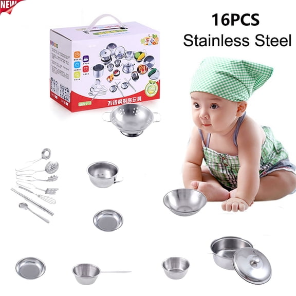 Qocolcyl 16PCS Pretend Play Stainless Steel Kids Kitchen Cookware Set,Mini Realistic Pots Pans Cooking Utensils Playset, Learning Toys, Imaginative Chef Role Play Kit for Toddlers Boys Girls Ages 3+