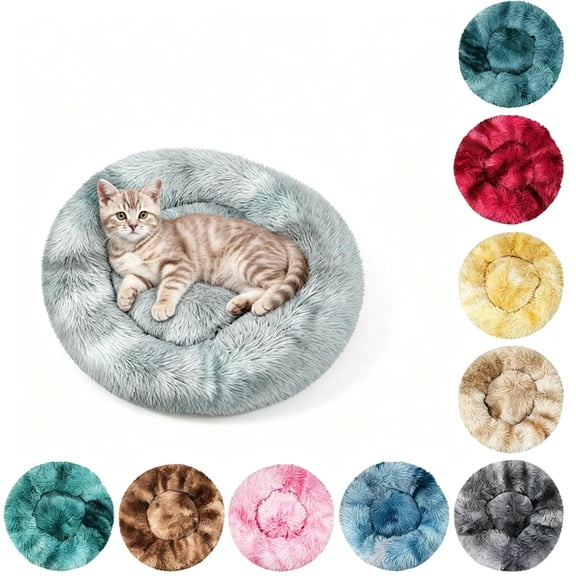 Qocolcyl 16in Tie Dye Fluffy Donut Calming Dog Cat Bed, Soft Cotton Round Anti Anxiety Pet Nest with Raised Rim, Warm Non Slip Washable Indoor Sleeping Cushion for Small Medium Puppy Kitten,Dark Blue