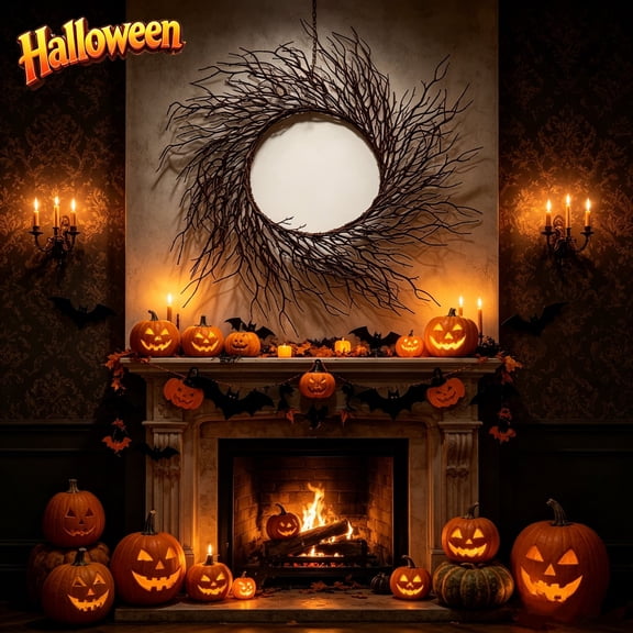 Qocolcyl 17.7in Spooky Bare Twig Wreath, Vintage Brown Plastic Branch Ring Hanging Ornament, Eerie Hollow Center Front Door Porch Wall Indoor Outdoor Farmhouse Halloween Party Holiday Decor