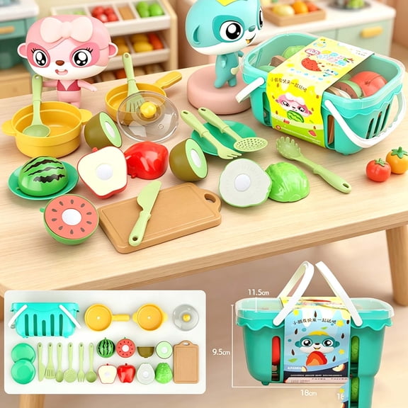 Qocolcyl 17PCS Pretend Cutting Fruit Vegetable Play Set with Kitchen Cookware Cutting Board Utensils,Grocery Chef Cooking Role Play Educational Toy,Toddlers Kids Ages 3+ Pretend Game Birthday Gift