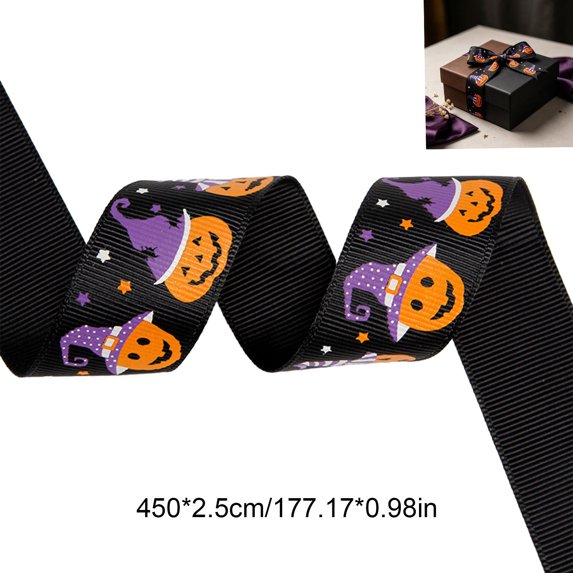 Qocolcyl 1x 177in Halloween Black Printed Polyester Ribbon DIY Craft Kit, Beginner Friendly Pumpkin Witch Bat Grosgrain Ribbon, Indoor Outdoor Wreath Bow Gift Wrap Holiday Party Decor Supply
