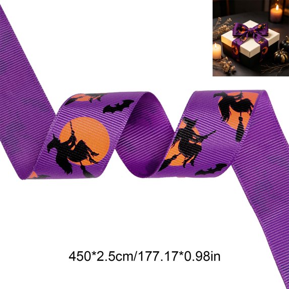 Qocolcyl 1x 177in Halloween Purple Printed Polyester Ribbon DIY Craft Kit, Beginner Friendly Pumpkin Witch Bat Grosgrain Ribbon, Indoor Outdoor Wreath Bow Gift Wrap Holiday Party Decor Supply