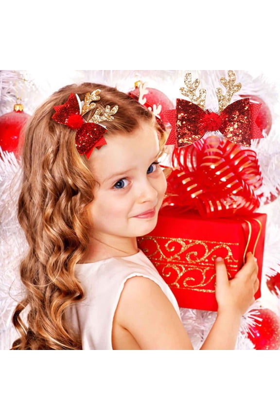 2 PACK Glitter Reindeer Antler Bow Hair Clips for Women, Gold Sequin Red Pom Pom Christmas Barrettes, Festive Holiday Hair Accessories for Xmas Party New Year Daily Cosplay Outfit Decor