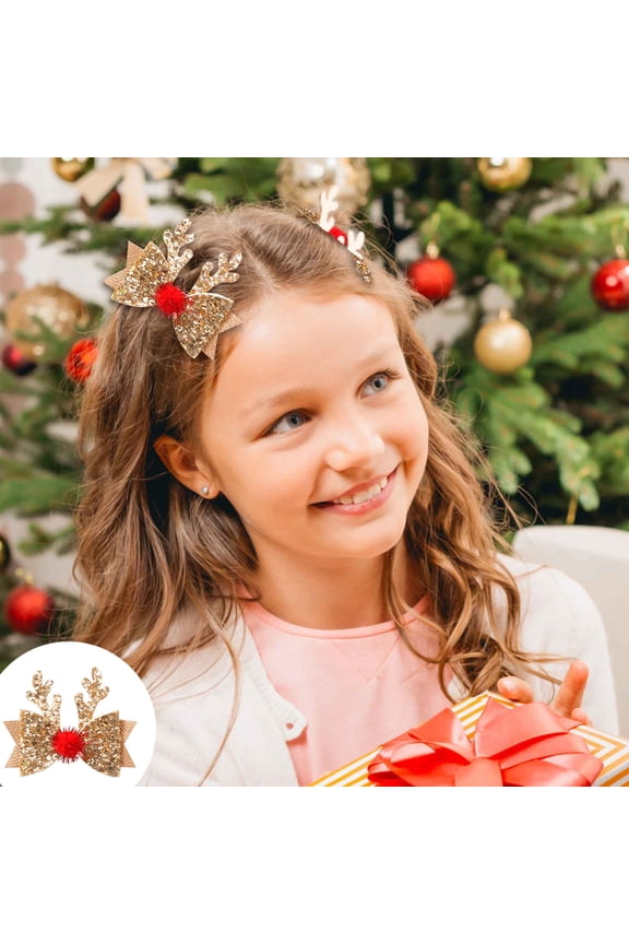 2 PACK Glitter Reindeer Antler Bow Hair Clips for Women, Gold Sequin Red Pom Pom Christmas Barrettes, Festive Holiday Hair Accessories for Xmas Party New Year Daily Cosplay Outfit Decor