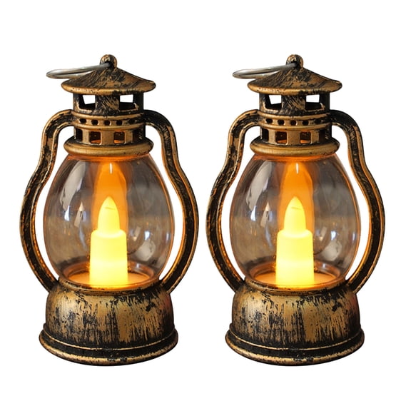 Qocolcyl 2‑Pack Mini Retro Electronic Candle Lantern Lights, Battery Operated Flickering Flame Small Oil Lamp Night Light for Christmas Halloween Holiday Indoor Outdoor Ambient Decorations(Bronze)
