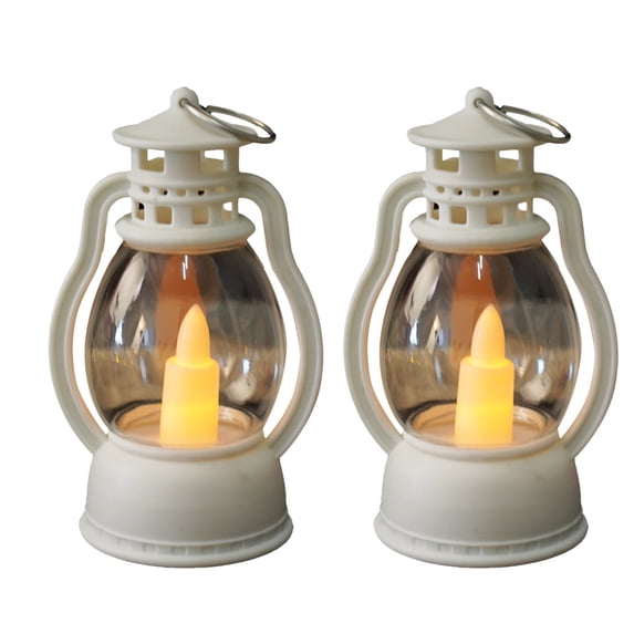 Qocolcyl 2‑Pack Mini Retro Electronic Candle Lantern Lights, Battery Operated Flickering Flame Small Oil Lamp Night Light for Christmas Halloween Holiday Indoor Outdoor Ambient Decorations(White)