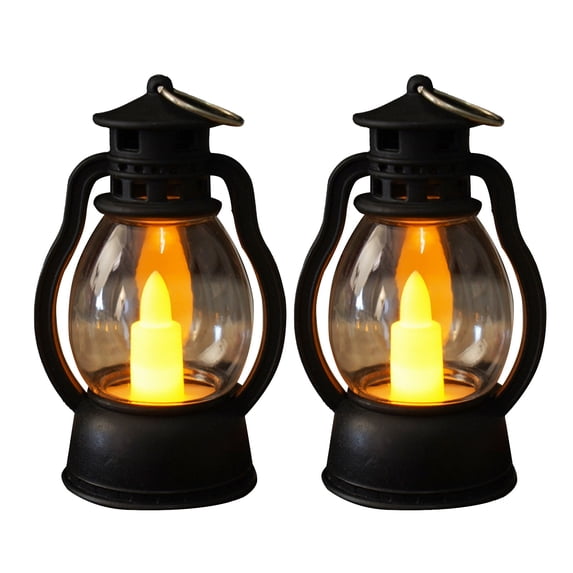 Qocolcyl 2‑Pack Mini Retro Electronic Candle Lantern Lights, Battery Operated Flickering Flame Small Oil Lamp Night Light for Christmas Halloween Holiday Indoor Outdoor Ambient Decorations(Black)