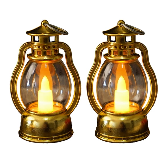 Qocolcyl 2‑Pack Mini Retro Electronic Candle Lantern Lights, Battery Operated Flickering Flame Small Oil Lamp Night Light for Christmas Halloween Holiday Indoor Outdoor Ambient Decorations(Gold)