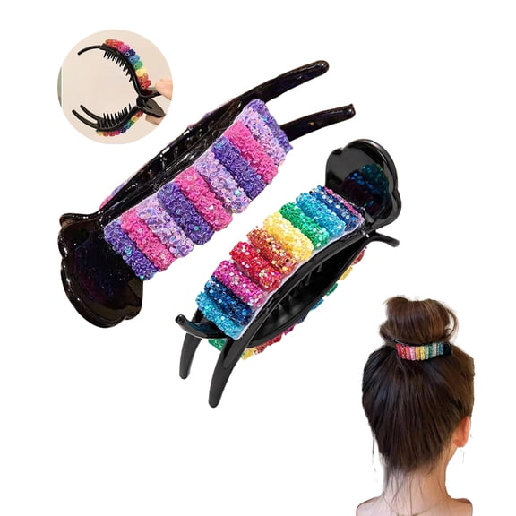 Qocolcyl 2 Pack Rainbow Sequin Banana Hair Clips, Non-Slip Strong Hold Ponytail Barrettes for Women, Lightweight No Hurt Hair Vertical Hair Clamps, Updo Hair Accessories for Daily Party Birthday Gift