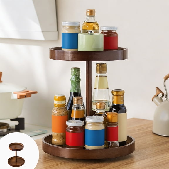 Qocolcyl 2-Tier Rotating Wooden Serving Tray, Round Revolving Display Stand for Desserts, Cupcakes, and Cosmetics, Brown Wood Turntable for Kitchen Counter Coffee Bar Bathroom Storage
