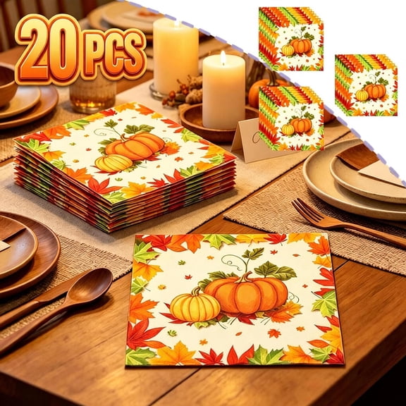 Qocolcyl 20 Pack Fall Pumpkin Maple Leaf Disposable Paper Napkins, Autumn Harvest Disposable Party Tissues, Coordinated Table Decor for Thanksgiving Halloween Indoor Outdoor Halloween Decorations