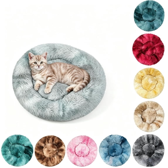 Qocolcyl 20in Tie Dye Fluffy Donut Calming Dog Cat Bed, Soft Cotton Round Anti Anxiety Pet Nest with Raised Rim, Warm Non Slip Washable Indoor Sleeping Cushion for Small Medium Puppy Kitten,Blue