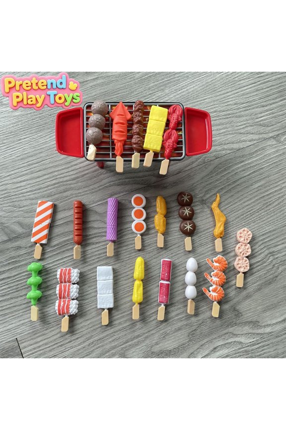 21 Pcs BBQ Grill Pretend Play Toys, Toddler Kids Simulation Kebab Skewer Barbecue Food Playset, Preschool Educational Learning Toy, Imaginative Kitchen Role Play Kit for Boys Girls Ages 3+