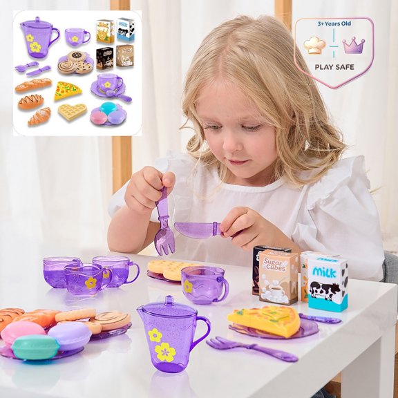 Qocolcyl 25PCS Pretend Tea Time Bakery Play Food Set with Croissant Pizza Tableware Milk Boxes Portable Storage Case,Café Baking Role Play Educational Toy for Toddlers Kids Pretend Game Birthday Gift