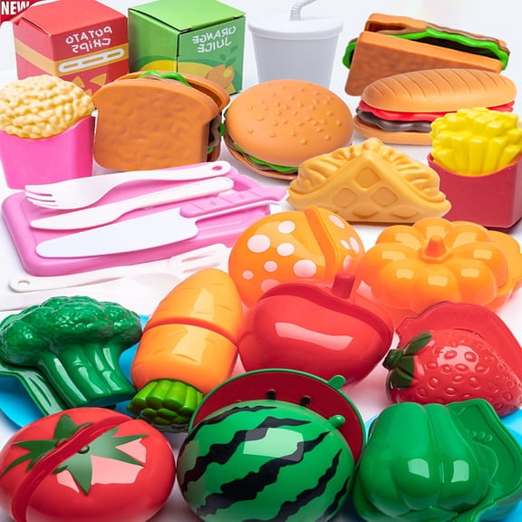 Qocolcyl 27Pcs Magnetic Pretend Play Cutting Food Toy Set, Kids Toddler Sliceable Fruits Veggies Fast Food Kitchen Playset, Learning Toys,Imaginative Chef Grocery Role Play Kit for Boys Girls Ages 3+