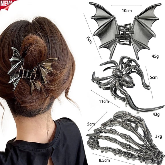 Qocolcyl 3 PACK Gothic Halloween Hair Claw Clips, Bat Wing Spider Skeleton Hand Metal Large Hair Clips for Women, Spooky Punk Non-Slip Hair Barrettes for Halloween Party Daily Hairstyle Decor