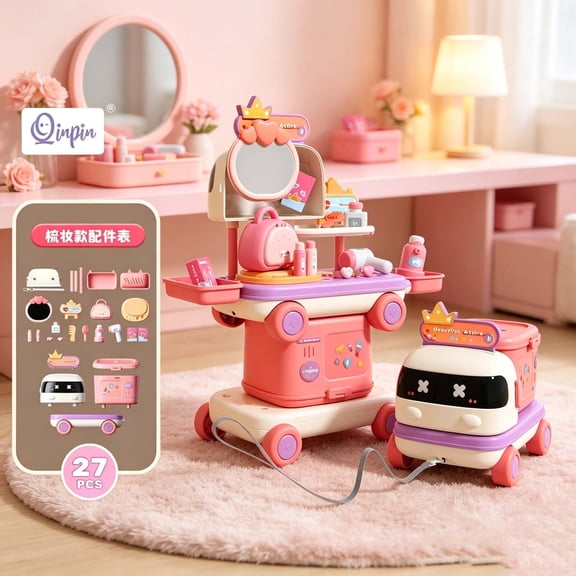 Qocolcyl 3-in-1 Convertible Trolley Pretend Play Set,Medical Doctor Kit Beauty Salon Kitchen Chef Role Play Educational Toy with Detachable Storage Case for Kids Toddlers Ages 3+ Travel Birthday Gift