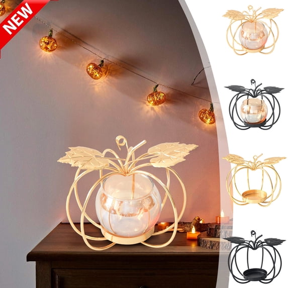 Qocolcyl 4.72 Inch Metal Pumpkin Candle Holder, Gold & Black Iron Maple Leaf Frame Tabletop Candlestick, Indoor Windowsill Dining Mantel Fall Harvest Halloween Farmhouse Home Decor Ornament