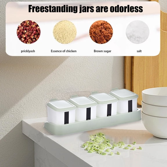 Qocolcyl 4 Compartment Press Type Seasoning Box, Food Grade Plastic Spice Jars Set, Airtight Seasoning Containers, Mint Green Condiment Storage Box for Kitchen,Mint Green