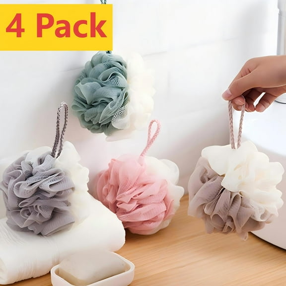 Qocolcyl 4 Pack Loofah Sponge Shower Loofahs Bath Sponges Mesh Balls Beige Color for Body Scrubber Exfoliator Wash Back Scrubber Bathroom Men Women - Scrubbers Cleaning Bathing Accessories
