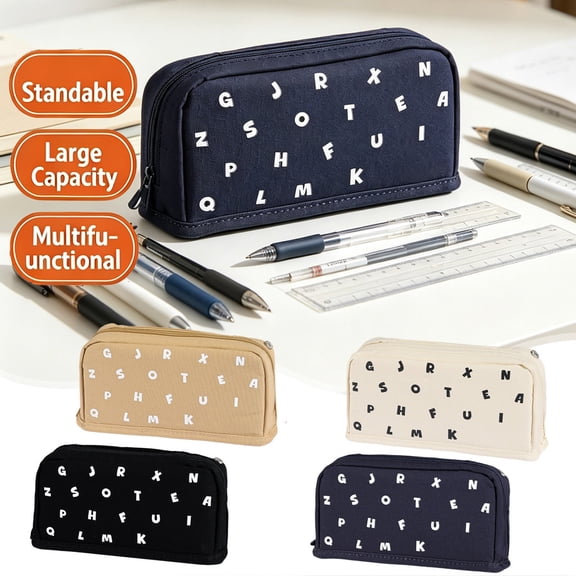 Qocolcyl Under 5 Dollars Standable Large Capacity Letter Print Cloth Pencil Case & Pencil Box, Multifunctional Portable Zipper Stationery Pouch Pen Bag for Office & Classroom Supplies,Khaki