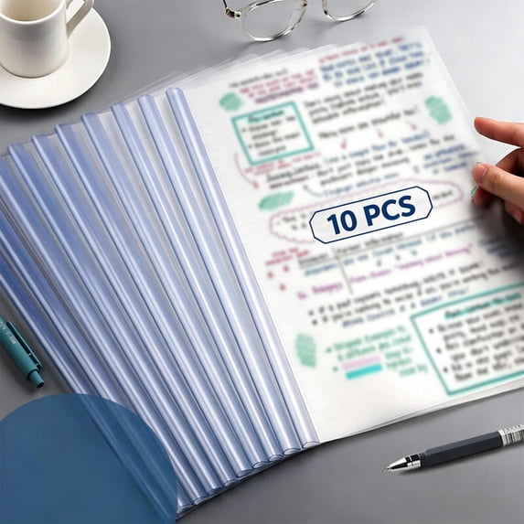 Qocolcyl Under 5$ File Folder Document Folders, A4 Clear Plastic Slide Rod Folder, Multicolor Teardrop Pull Strip Document Holder 10 Pack for Office Classroom Paper Contract Filing Storage,Clear