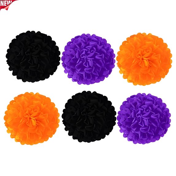 Qocolcyl 6 Pack Halloween Tissue Paper Pom Poms, Black Orange Purple Hanging Flower Balls, Ceiling Wall Indoor Outdoor Halloween Decorations for Birthday Farmhouse Themed Party Supplies Gift