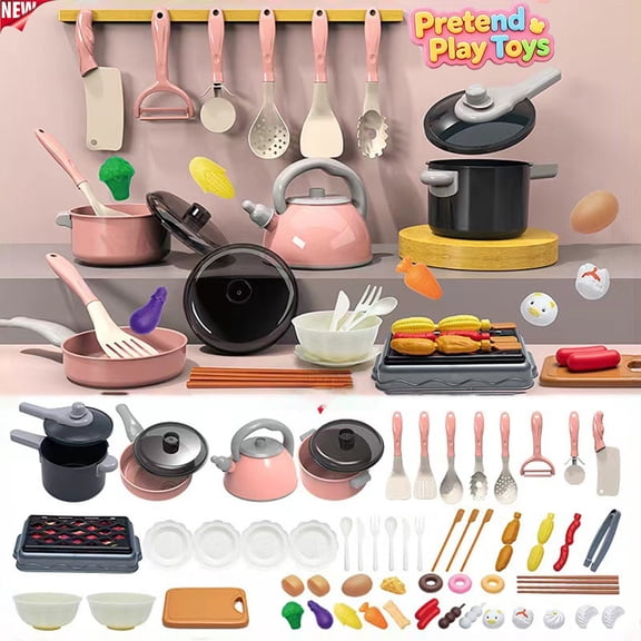 Qocolcyl 61Pcs Pink Pretend Play Kitchen Cookware Toy Set,Kids Toddler Pots Kettle Pans Utensils Fake Food Tableware Playset,Learning Toys,Imaginative Little Chef Role Play Kit for Boys Girls Ages 3+