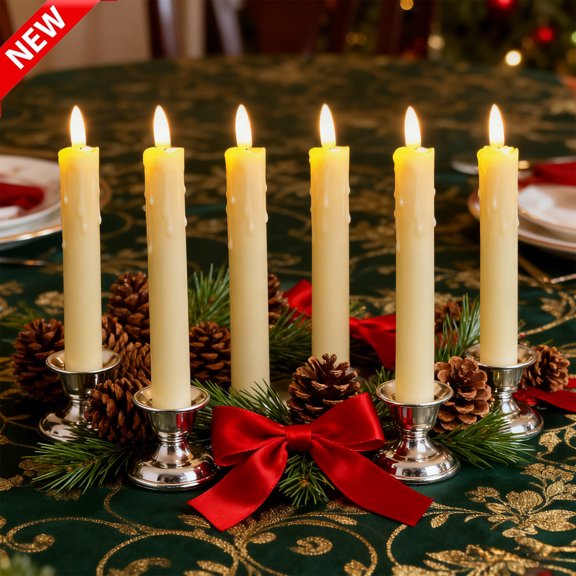 Qocolcyl 7.5 Inch Beige Dripping Wax Flameless Taper Candles 6 Pack, Remote Timer Dimmable Battery Operated LED Candles, Indoor Halloween Christmas Wedding Ceremony Table Mantel Fall Holiday Decor