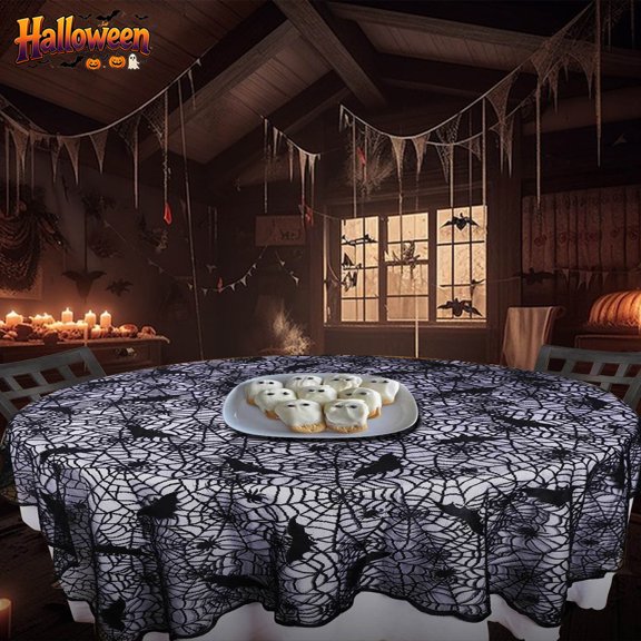Qocolcyl 70 Inch Round Cobweb Table Topper, Halloween Bat Spider Web Tablecloth, Black Lace Bat Spiderweb Table Cover for Halloween Dinner Party Decor, Polyester