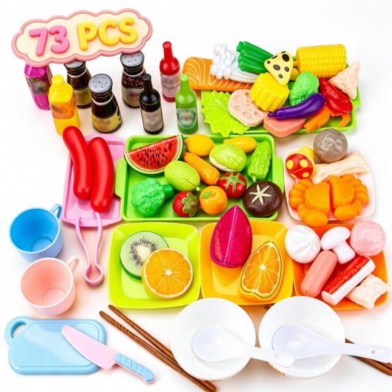 Qocolcyl 73 Pcs Hot Pot Pretend Play Toys,Toddler Kids Simulation Seafood Fruit Veggie Food Playset, Preschool Educational Learning Toy, Imaginative Kitchen Role Play Accessory for Boys Girls Ages 3+