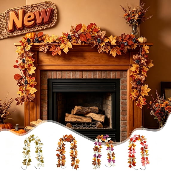 Qocolcyl 78.74in Halloween Thanksgiving Artificial Maple Leaf Garland, Faux Fake Autumn Maple Leaves Vines with Pumpkin Berries, Indoor Outdoor Home Mantel Stair Rail Porch Fall Decor