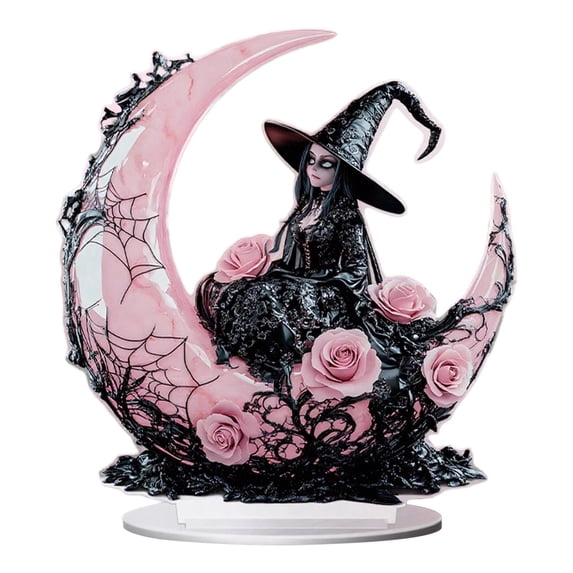 Qocolcyl 8 Inch Pink Crescent Moon Pink Rose Witch 2D Acrylic Tabletop Decor with Stand, Gothic Spider Web Witch Centerpiece, Indoor Mantel Windowsill Bookshelf Halloween Fall Home Party Decor Gift