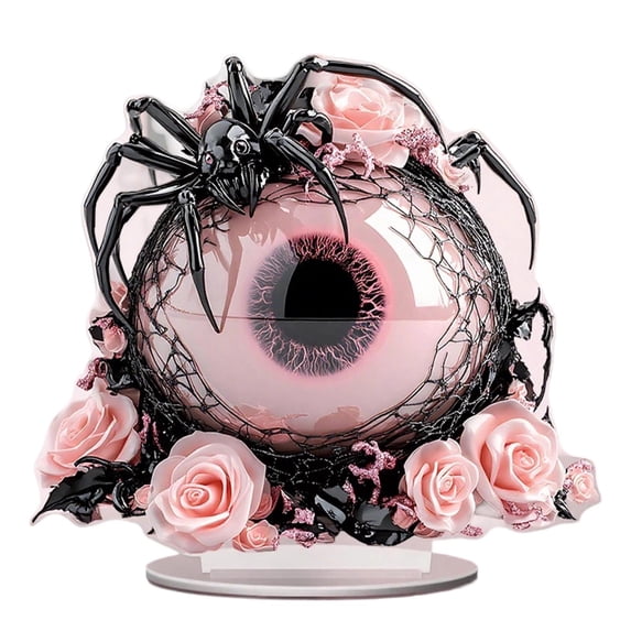 Qocolcyl 8 Inch Pink Rose Giant Eyeball Spider 2D Acrylic Tabletop Decor with Stand, Gothic Black Web Spider Eye Centerpiece, Indoor Mantel Windowsill Bookshelf Halloween Fall Home Party Decor Gift