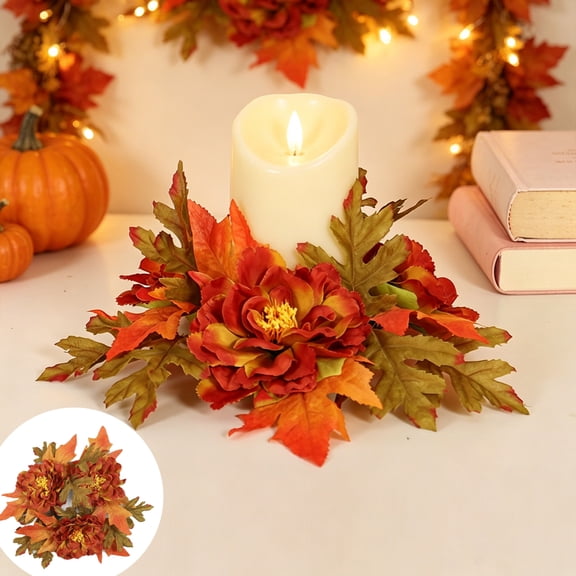 Qocolcyl 9.8 Inch Fall Maple Peony Candle Ring Wreath, Artificial Floral Table Centerpiece, Hollow Candle Holder Ring for Indoor Halloween Decorations Thanksgiving Mantel Dining Table Harvest Decor