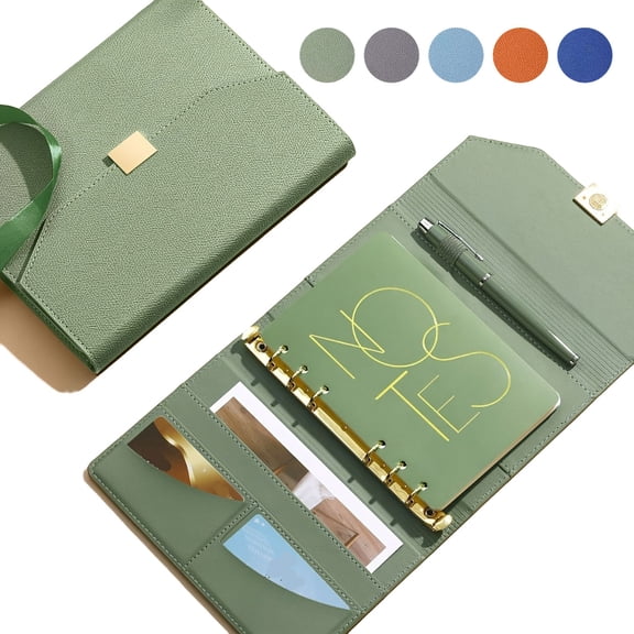 Qocolcyl A5 Tri-Fold PU Leather Binder Notebook,Gold Snap Button Detachable 6-Hole Refillable Journal with Card Slots & Pen Loop,Organizer Planner Business College Office Travel Diary Writing Gift
