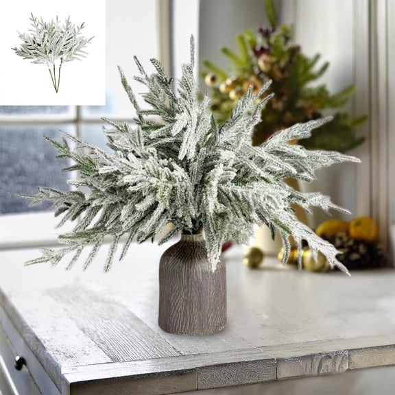 Qocolcyl Artificial Flocked Christmas Pine Branches, 13 Forks SnowCovered Fake Greenery Stems 18 Inch, Plastic Winter Holiday Decoration for Xmas Tree Wreath Vase Arrangement
