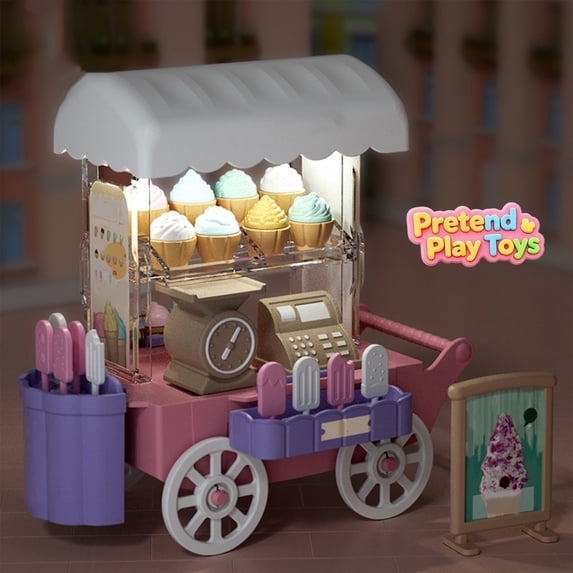 Qocolcyl Bakery Cart Pretend Play Toys, Toddler Kids Light Up Bread Vendor Trolley Playset with Play Bread Cash Register Scale, Learning Toy, Imaginative Market Role Play Kit for Boys Girls Ages 3+